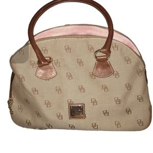 Dooney & Bourke large tan & brown canvas bag leather trim key strap